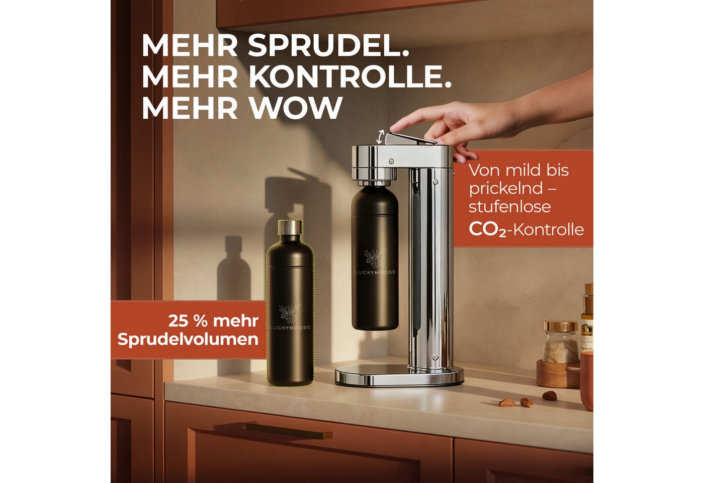 Luckymoose Wassersprudler Infinity-S mit 2x 1,25L langlebige Edelstahlflaschen, (2xSchwarz-tlg), Spart bis zu 25% CO2, Flaschen spülmaschinenfest & ohne Ablaufd – Bild 3 von 5