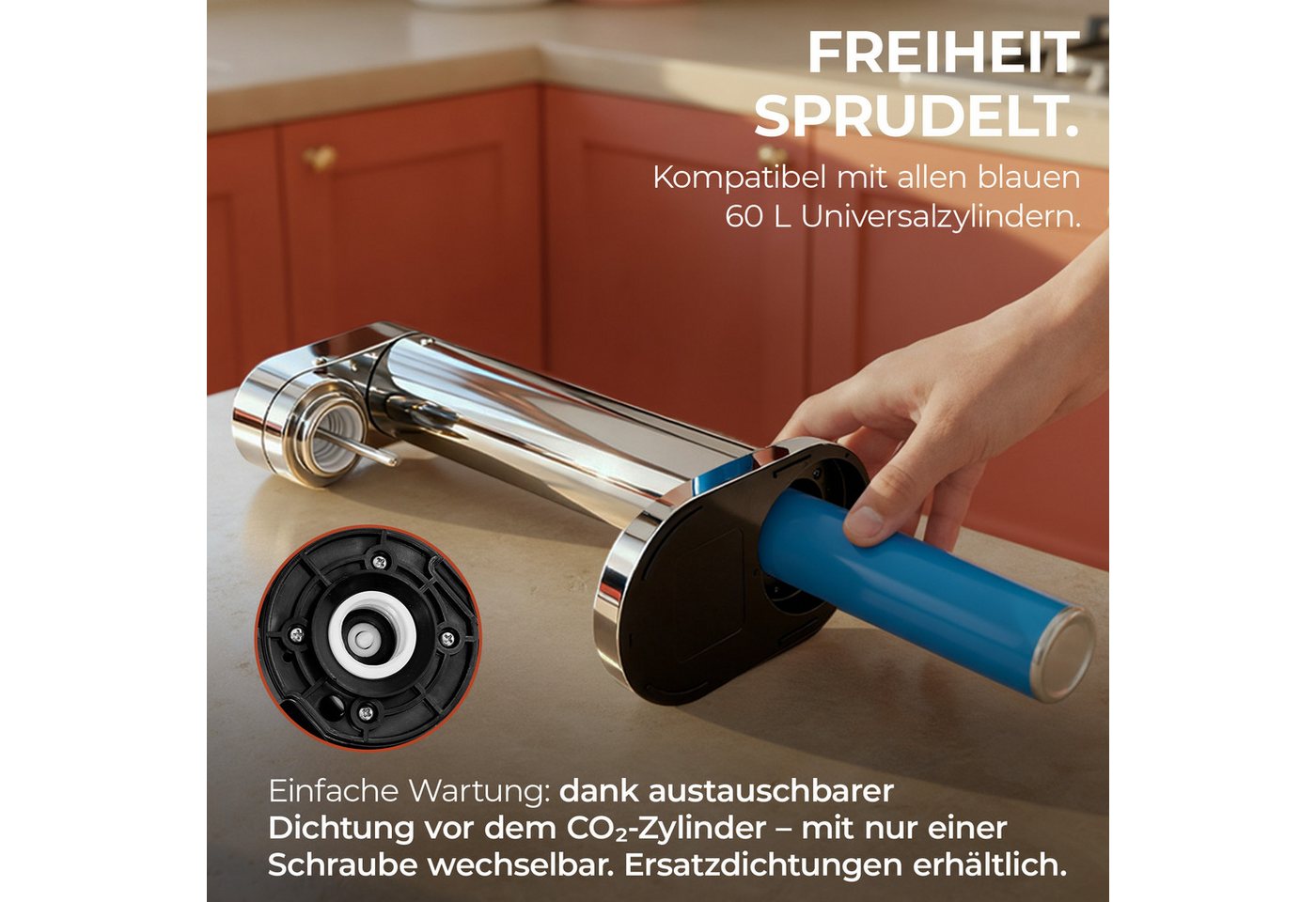 Luckymoose Wassersprudler Infinity-S mit 2x 1,25L langlebige Edelstahlflaschen, (2xSchwarz-tlg), Spart bis zu 25% CO2, Flaschen spülmaschinenfest & ohne Ablaufd – Bild 4 von 5