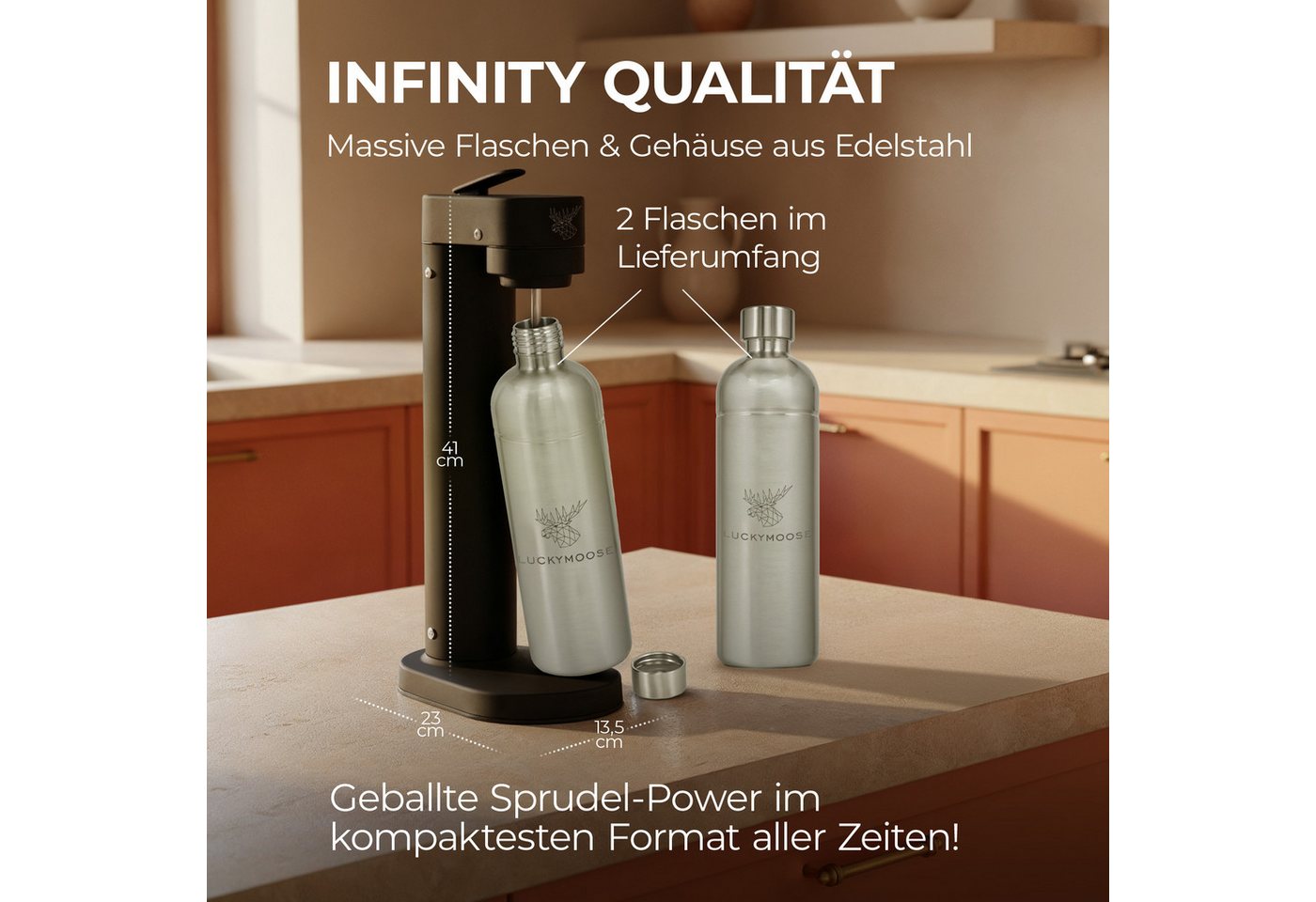 Luckymoose Wassersprudler Infinity-S mit 2x 1,25L langlebige Edelstahlflaschen, (2xSilber-tlg), Spart bis zu 25% CO2, Flaschen spülmaschinenfest & ohne Ablaufda – Bild 2 von 5