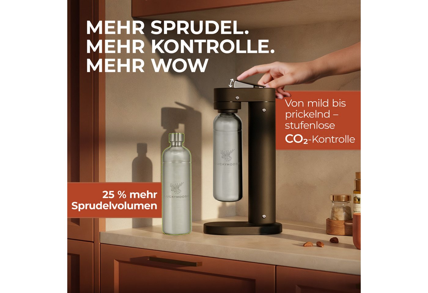 Luckymoose Wassersprudler Infinity-S mit 2x 1,25L langlebige Edelstahlflaschen, (2xSilber-tlg), Spart bis zu 25% CO2, Flaschen spülmaschinenfest & ohne Ablaufda – Bild 3 von 5