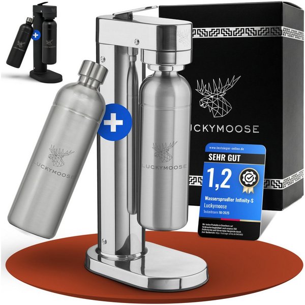 Luckymoose Wassersprudler Infinity-S mit 2x 1,25L langlebige Edelstahlflaschen, (2xSilber-tlg), Spart bis zu 25% CO2, Flaschen spülmaschinenfest & ohne Ablaufda