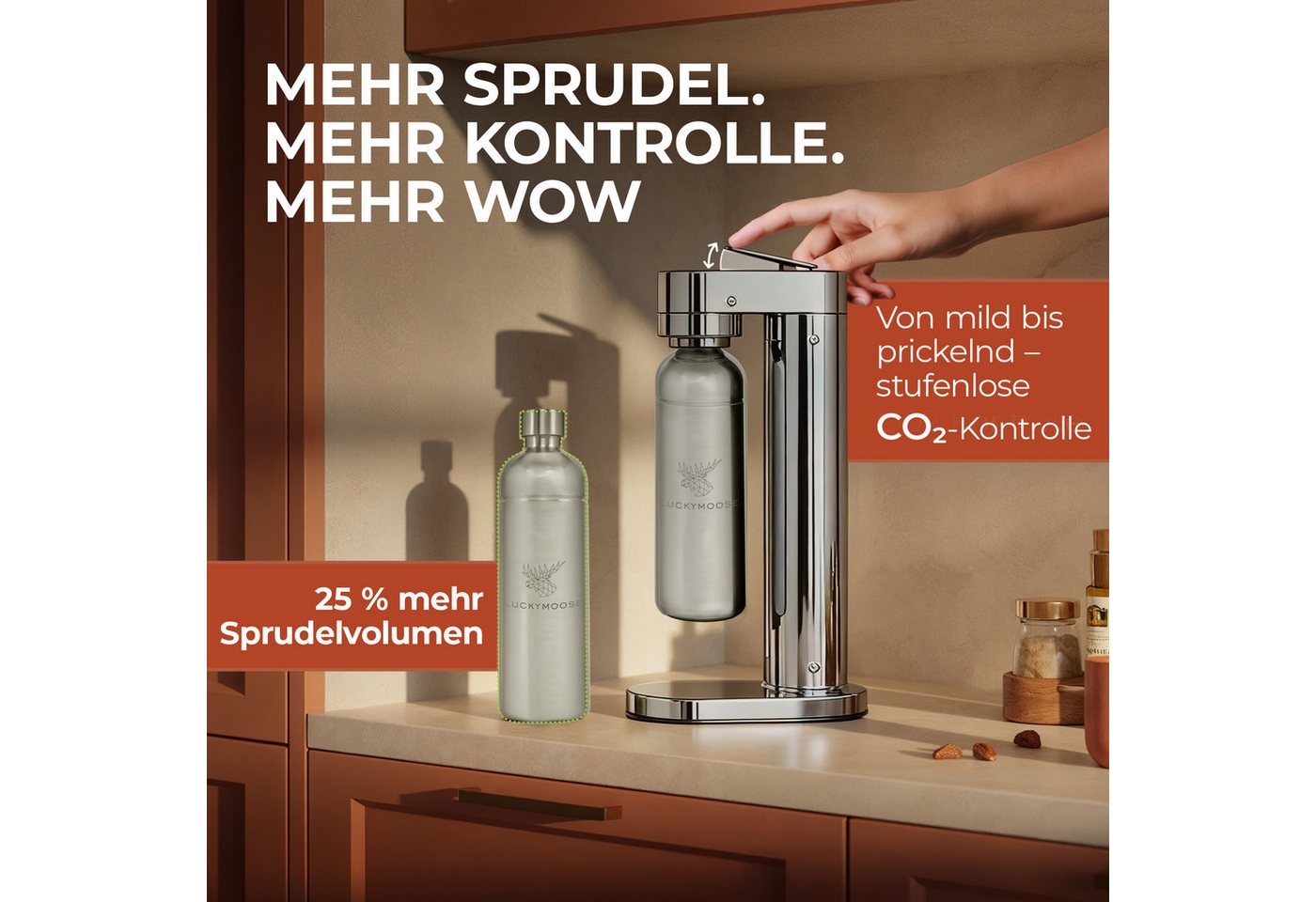Luckymoose Wassersprudler Infinity-S mit 2x 1,25L langlebige Edelstahlflaschen, (2xSilber-tlg), Spart bis zu 25% CO2, Flaschen spülmaschinenfest & ohne Ablaufda – Bild 3 von 5
