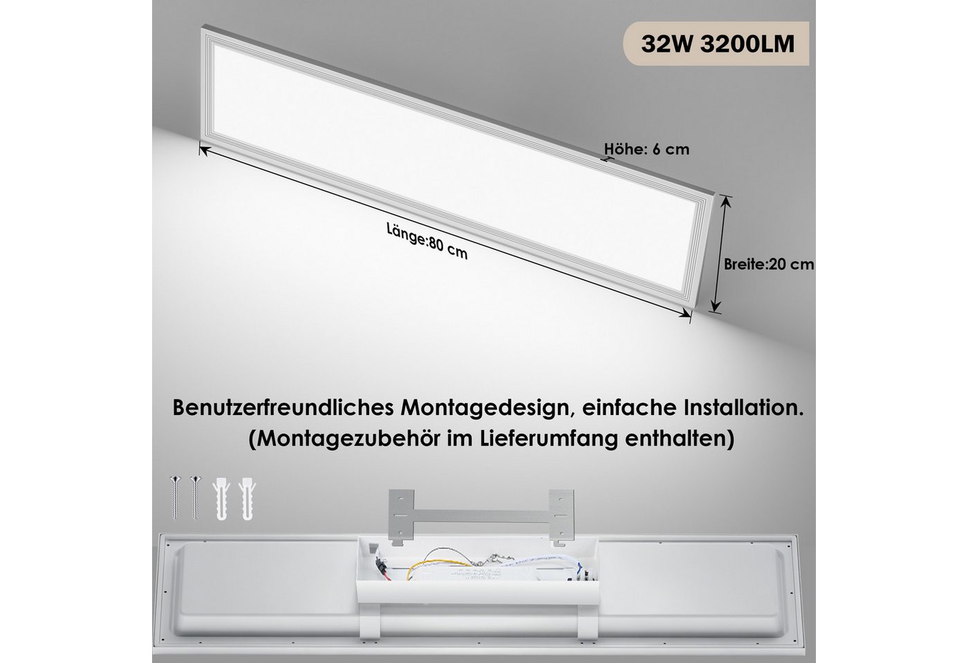 Lujasi LED Deckenleuchte Deckenlampe, 36W 3600LM LED Panel Flach 100 x 25 x 5,5 cm, tageslichtlampe decke, LED, Neutralweiß, Rechteckige, Energieeffizient & lan – Bild 4 von 5
