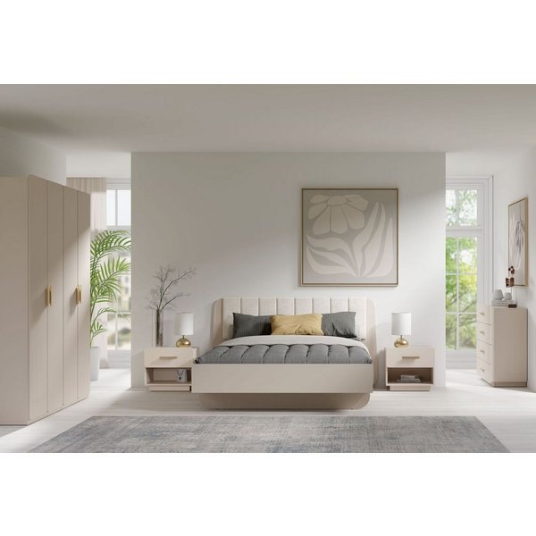 Lukas Möbel Komplettschlafzimmer Designer Schlafzimmer Komplett Lorenz in Beige, Bett mit Bettkasten und Lattenrost, Schrank mit Spiegel