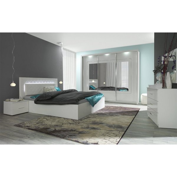 Lukas Möbel Komplettschlafzimmer Schlafzimmer Komplett Panarea in Hochglanz Weiß mit LED, Hochglanz weiß, mit Lattenrost, mit Bettkasten, mit LED