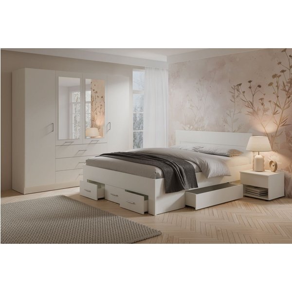 Lukas Möbel Schlafzimmer-Set Elegantes Schlafzimmer Set Monsun in Weiß, Bett mit 5 Schubladen, Kleiderschrank mit Spiegel, Breite wählbar