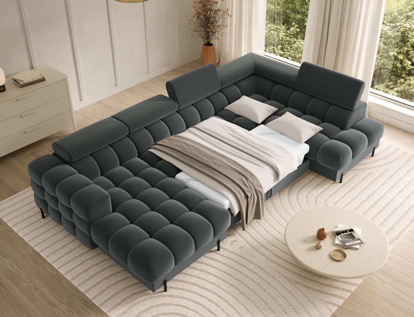 Lukas Möbel Wohnlandschaft Deisgner XXL-Sofa in U-Form Falco mit Schlaffunktion Bettkasten, mit Schlaffunktion, Bettkasten, verstellbaren Kopfsützen – Bild 3 von 5