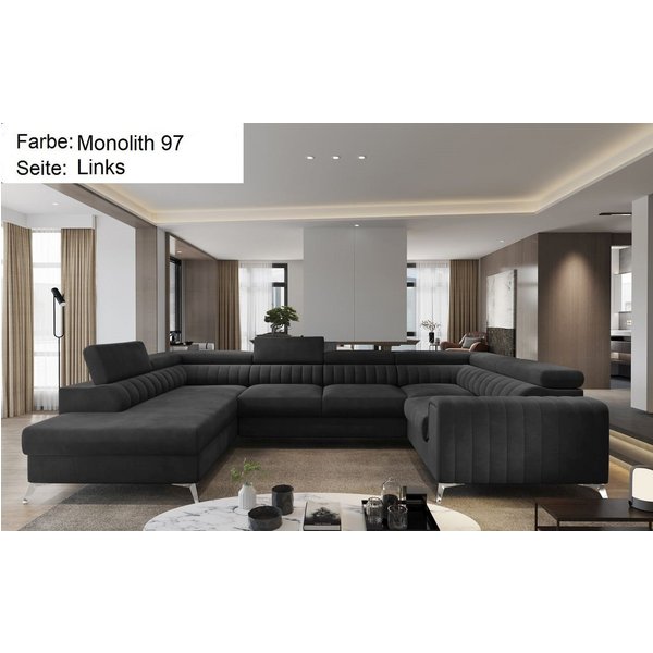 Lukas Möbel Wohnlandschaft Wohnlandschaft Linus mit Schlaffunktion Bettkasten XXL-Sofa in U-Form, mit verstellbaren Kopfstützen