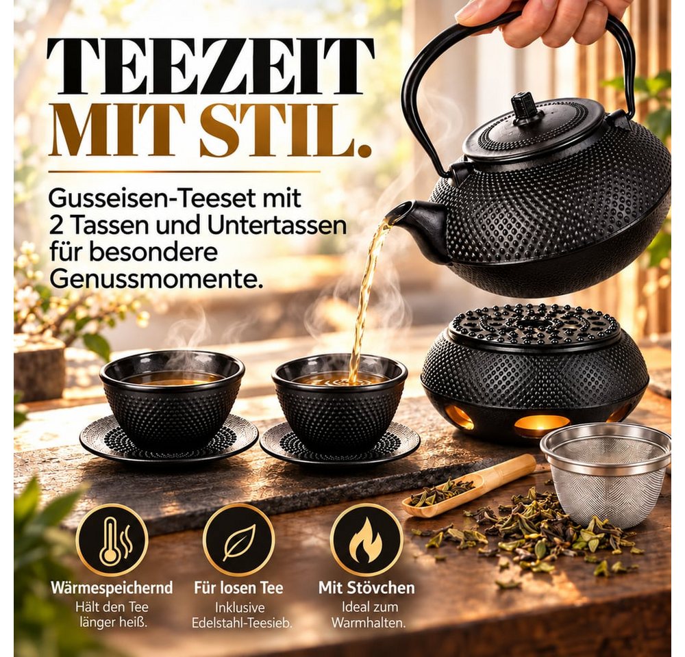 Lumaland Teekanne Set 8-teilig, 1,4 Liter Gusseiserne Teekanne Tetsubin, (8-St), Stövchen aus Gusseisen, 2 Teebecher & 2 Untersetzer uvm. – Bild 4 von 5