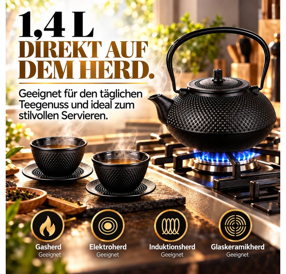 Lumaland Teekanne Set 8-teilig, 1,4 Liter Gusseiserne Teekanne Tetsubin, (8-St), Stövchen aus Gusseisen, 2 Teebecher & 2 Untersetzer uvm. – Bild 5 von 5