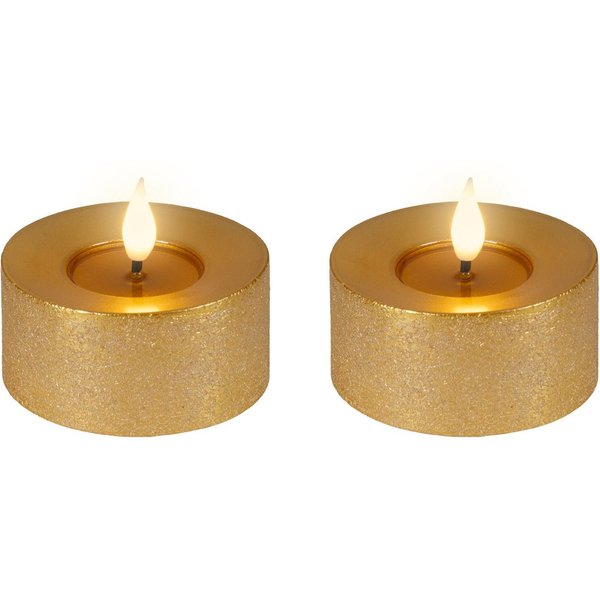 Lumineo LED-Kerze, Timer, warmweiß, LED Kerzen 6x7,5cm Timer Wachs 2 Stück - Flacker-Effekt Gold Warmweiß