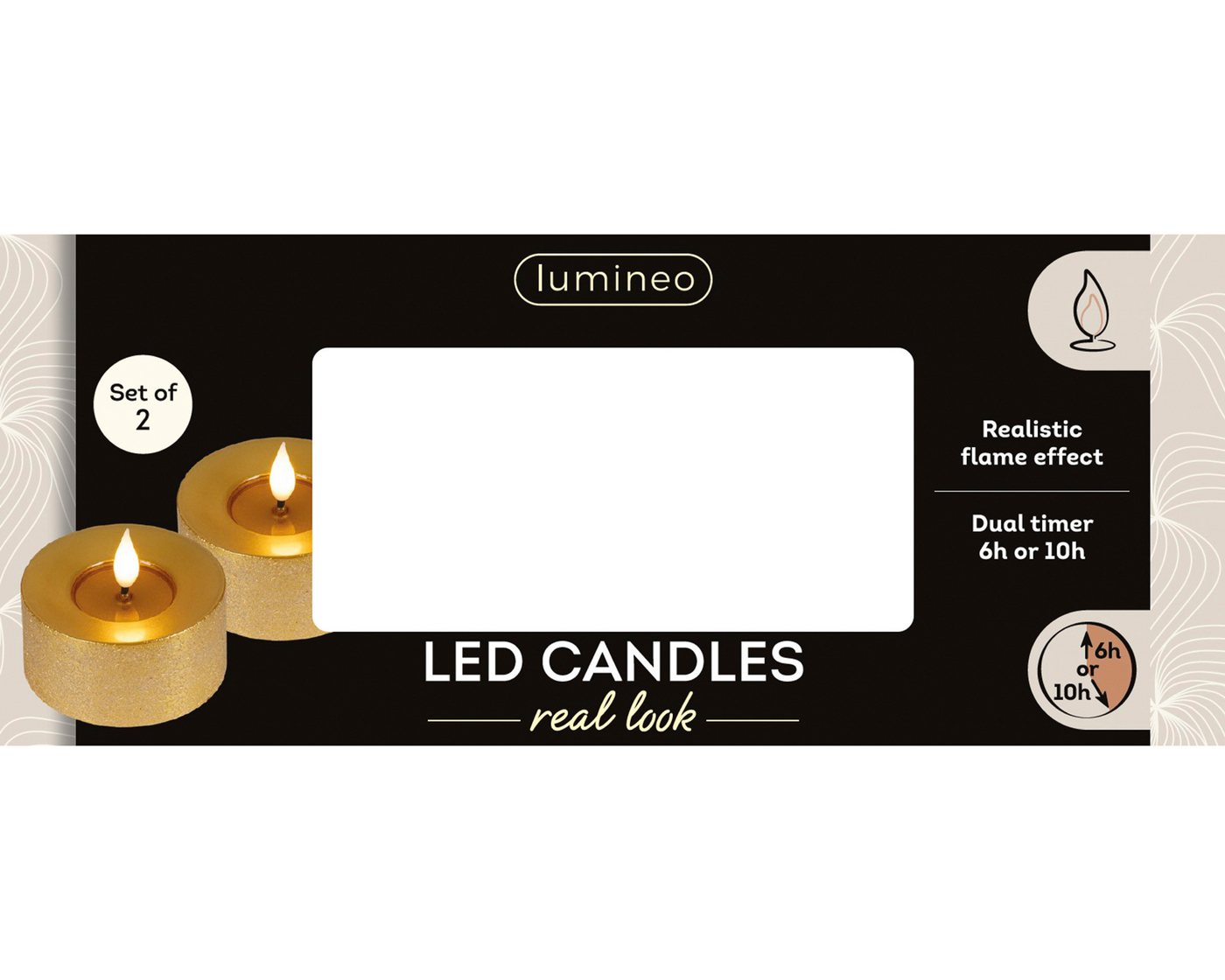 Lumineo LED-Kerze, Timer, warmweiß, LED Kerzen 6x7,5cm Timer Wachs 2 Stück - Flacker-Effekt Gold Warmweiß – Bild 5 von 5