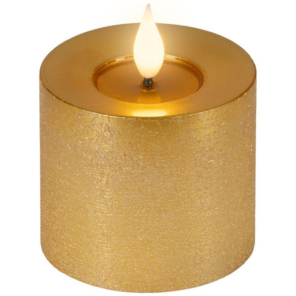 Lumineo LED-Kerze, Timer, warmweiß, LED Kerze 7,5x9,5cm mit Timer Wachs Flacker-Effekt Gold / Warmweiß