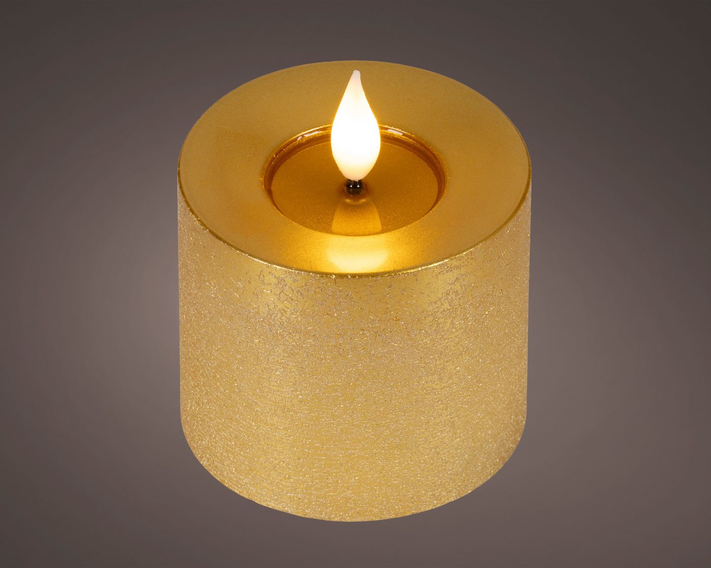 Lumineo LED-Kerze, Timer, warmweiß, LED Kerze 7,5x9,5cm mit Timer Wachs Flacker-Effekt Gold / Warmweiß – Bild 2 von 5