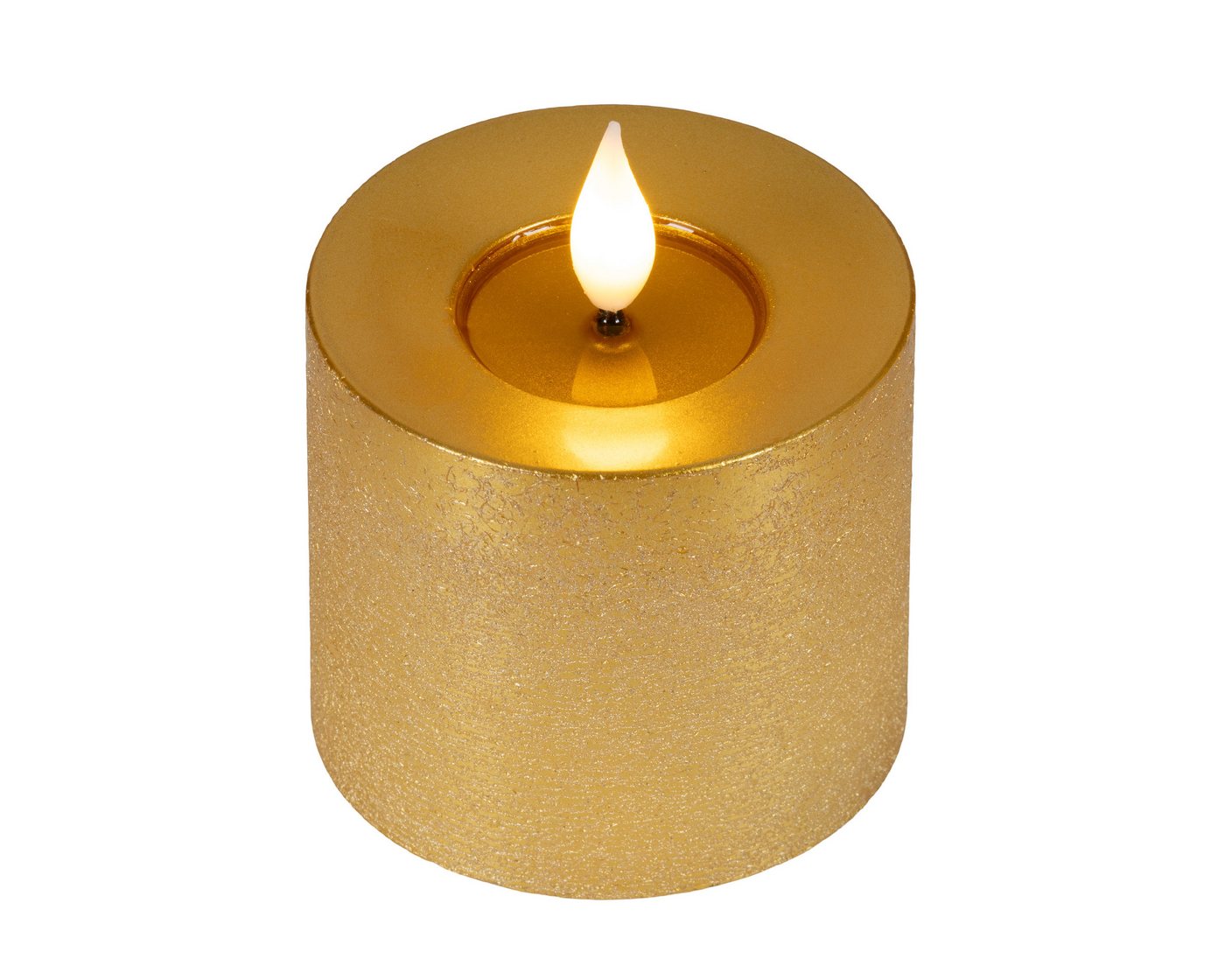 Lumineo LED-Kerze, Timer, warmweiß, LED Kerze 7,5x9,5cm mit Timer Wachs Flacker-Effekt Gold / Warmweiß – Bild 3 von 5