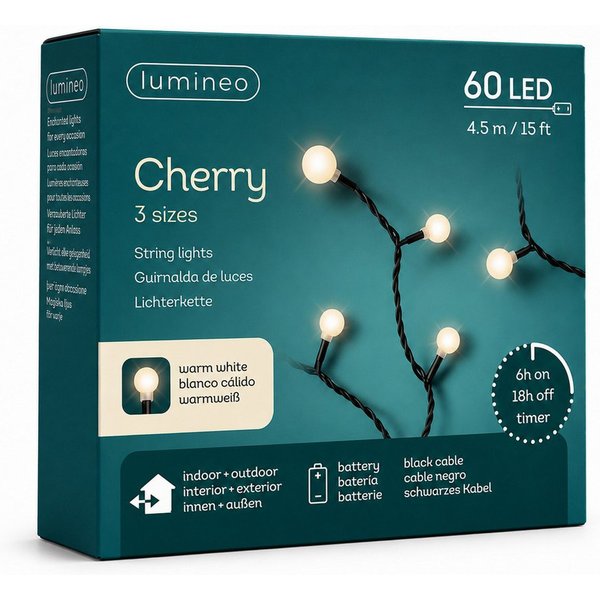 Lumineo LED-Lichterkette, LED Lichterkette Cherry 4,5m Batterie 60 LEDs Warmweiß / Schwarz