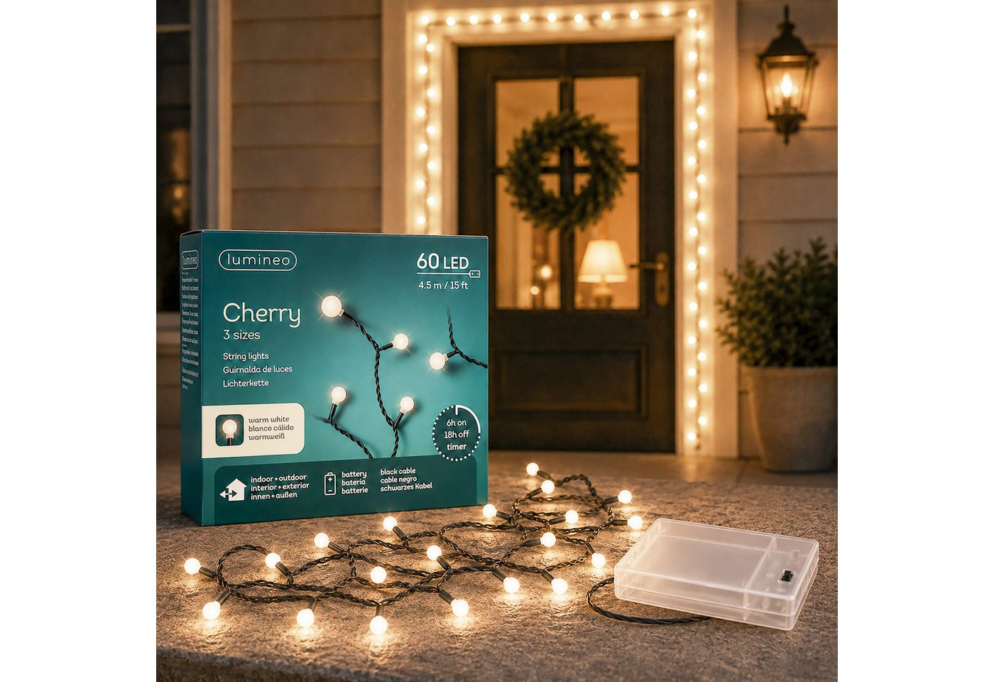 Lumineo LED-Lichterkette, LED Lichterkette Cherry 4,5m Batterie 60 LEDs Warmweiß / Schwarz – Bild 2 von 5