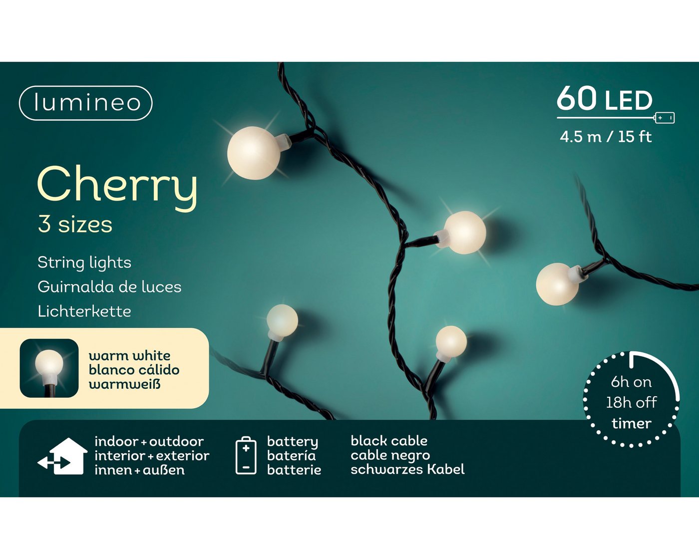 Lumineo LED-Lichterkette, LED Lichterkette Cherry 4,5m Batterie 60 LEDs Warmweiß / Schwarz – Bild 5 von 5