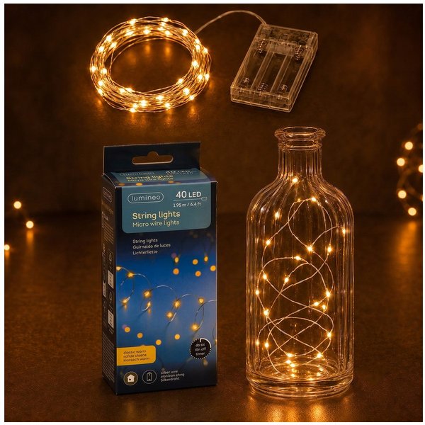 Lumineo LED-Lichterkette, LED Draht Lichterkette 1,95m mit Timer 40 Micro-LEDs Klassisch Warm