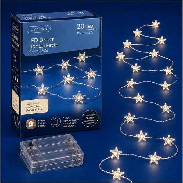 Lumineo LED-Lichterkette, LED Draht Lichterkette 95cm mit Sternen 20 Micro-LEDs Warmweiß Silber
