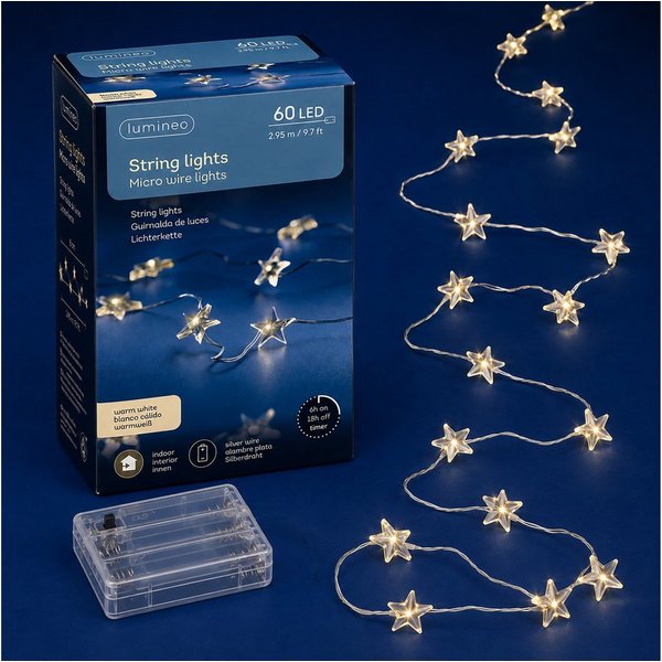 Lumineo LED-Lichterkette, LED Draht Lichterkette 2,95m mit Sternen 60 Micro-LEDs Warmweiß Silber