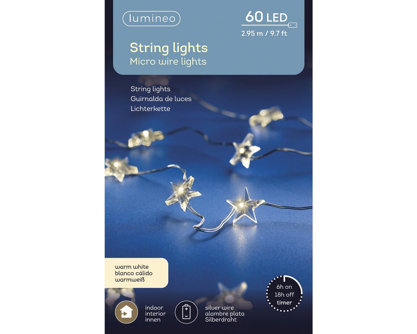 Lumineo LED-Lichterkette, LED Draht Lichterkette 2,95m mit Sternen 60 Micro-LEDs Warmweiß Silber – Bild 4 von 5