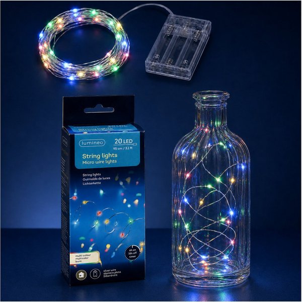 Lumineo LED-Lichterkette, LED Draht Lichterkette 95cm Batterie 20 Micro-LEDs Silber / Bunt