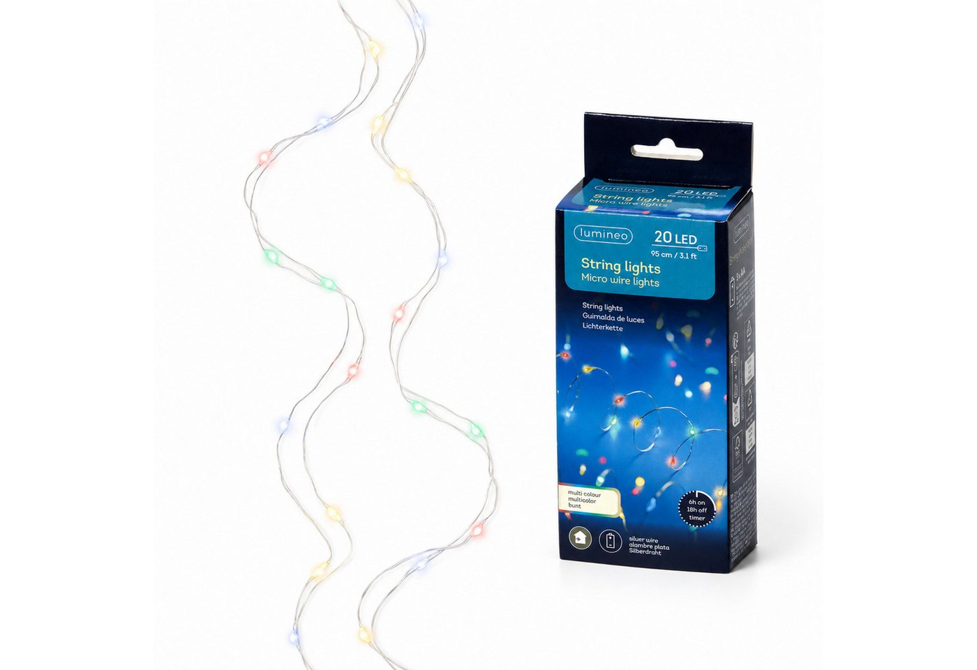 Lumineo LED-Lichterkette, LED Draht Lichterkette 95cm Batterie 20 Micro-LEDs Silber / Bunt – Bild 2 von 5