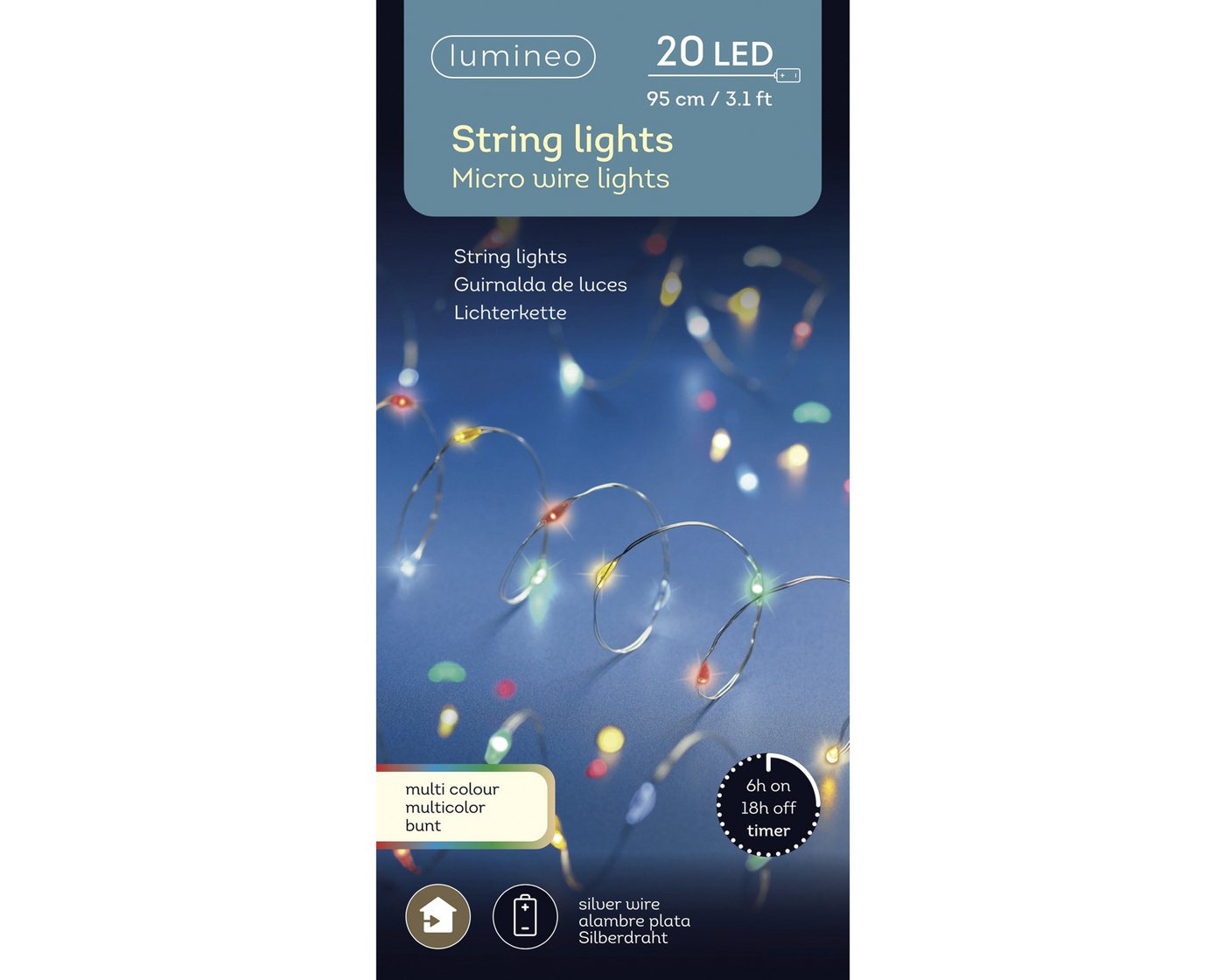 Lumineo LED-Lichterkette, LED Draht Lichterkette 95cm Batterie 20 Micro-LEDs Silber / Bunt – Bild 4 von 5