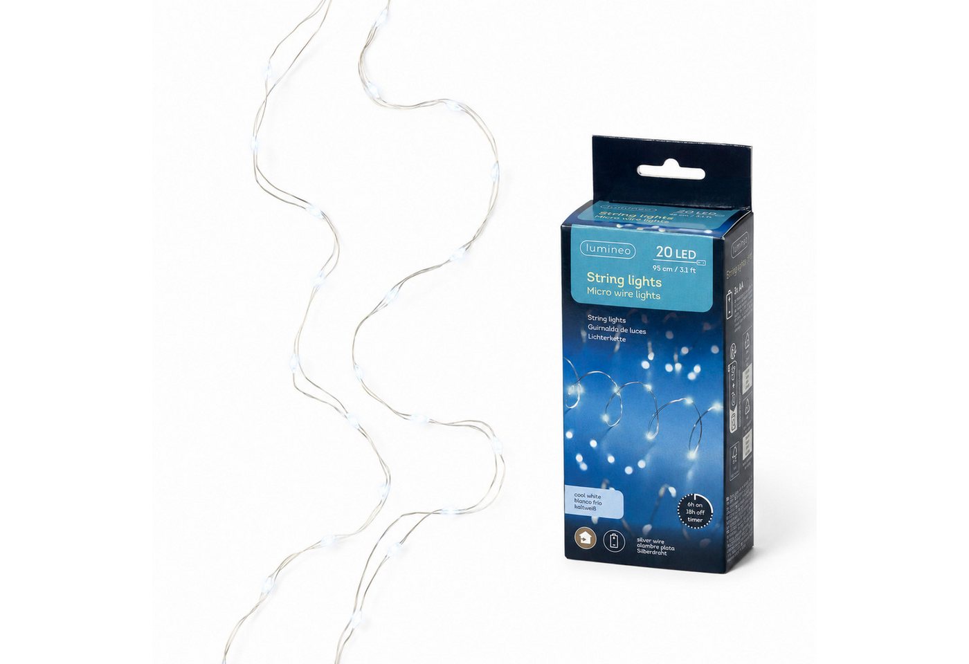 Lumineo LED-Lichterkette, LED Draht Lichterkette 95cm Batterie 20 Micro-LEDs Silber / Kaltweiß – Bild 2 von 5