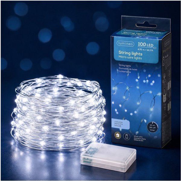 Lumineo LED-Lichterkette, LED Draht Lichterkette 4,95m Batterie 100 Micro-LEDs Kaltweiß Silber