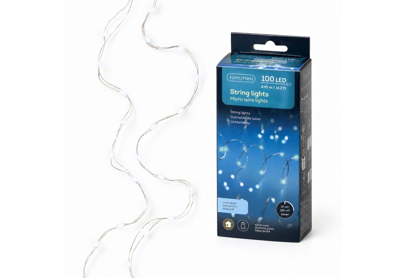 Lumineo LED-Lichterkette, LED Draht Lichterkette 4,95m Batterie 100 Micro-LEDs Kaltweiß Silber – Bild 2 von 5