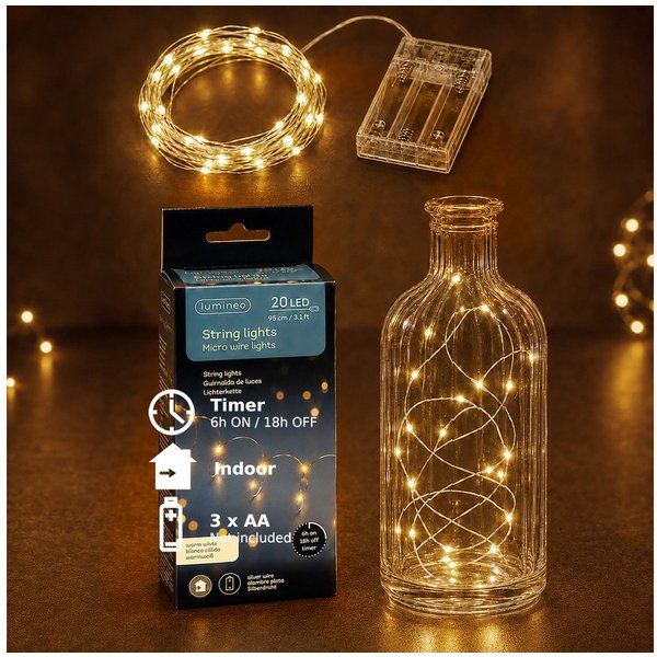 Lumineo LED-Lichterkette, LED Draht Lichterkette 95cm Batterie 20 Micro-LEDs Klassisch Warm