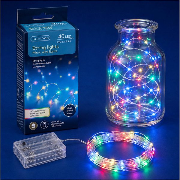 Lumineo LED-Lichterkette, LED Draht Lichterkette 1,95m Batterie 40 Micro-LEDs Soft Bunt