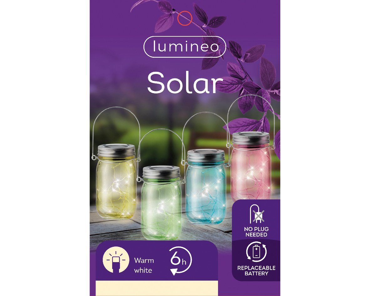 Lumineo LED Solarleuchte, Dauerlicht, warmweiß, Solar Gartenleuchte LED Einmachglas Glas 8x14cm Warmweiß 4-er Set – Bild 4 von 4