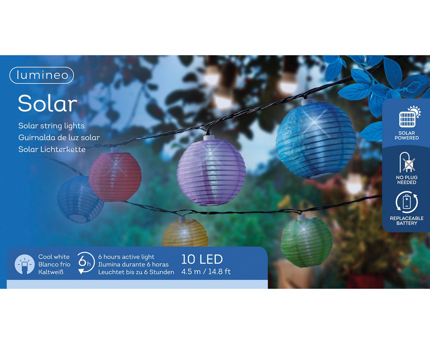 Lumineo LED Solarleuchte, Dauerlicht, warmweiß, LED Solar Lichterkette Lampions 4,5m Nylon Bunt / Kaltweiß – Bild 5 von 5
