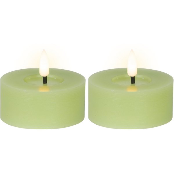 Lumineo LED-Teelichter, Timer, warmweiß, LED Teelichter 7x6cm mit Timer Wachs 2 Stück Hellgrün / Warmweiß