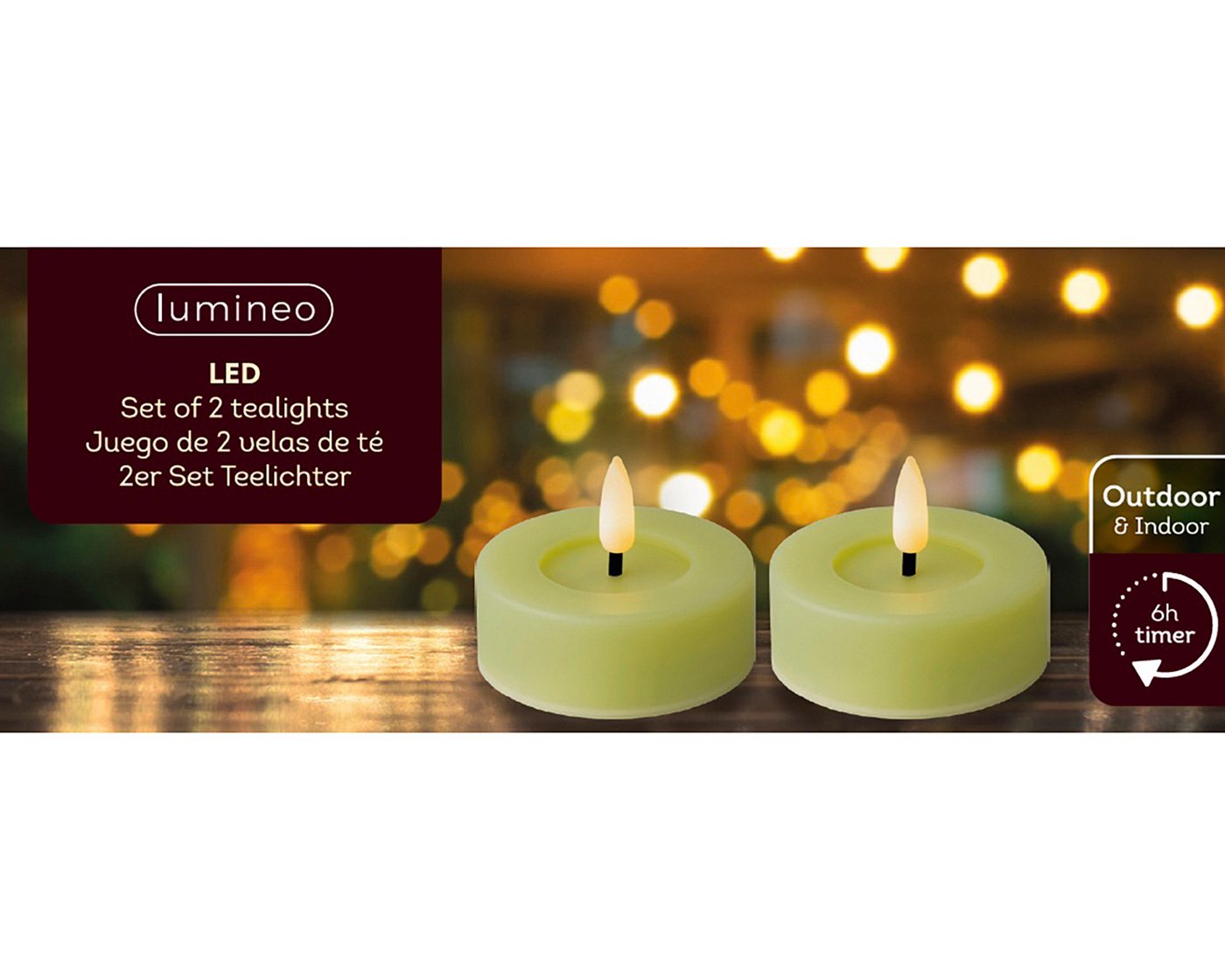 Lumineo LED-Teelichter, Timer, warmweiß, LED Teelichter 6,5x5cm mit Timer Outdoor 2 Stück Hellgrün / Warmweiß – Bild 5 von 5