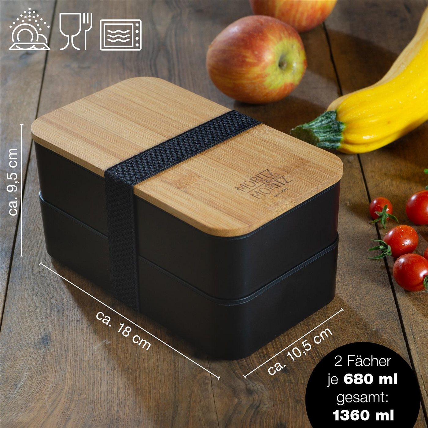 Moritz & Moritz Lunchbox Moritz & Moritz Bento Box Schwarz, Kunststoff, Bambus, Elasthan, (Set), Bento Lunchbox für Erwachsene und Kinder - inkl. Besteck-Set – Bild 3 von 5