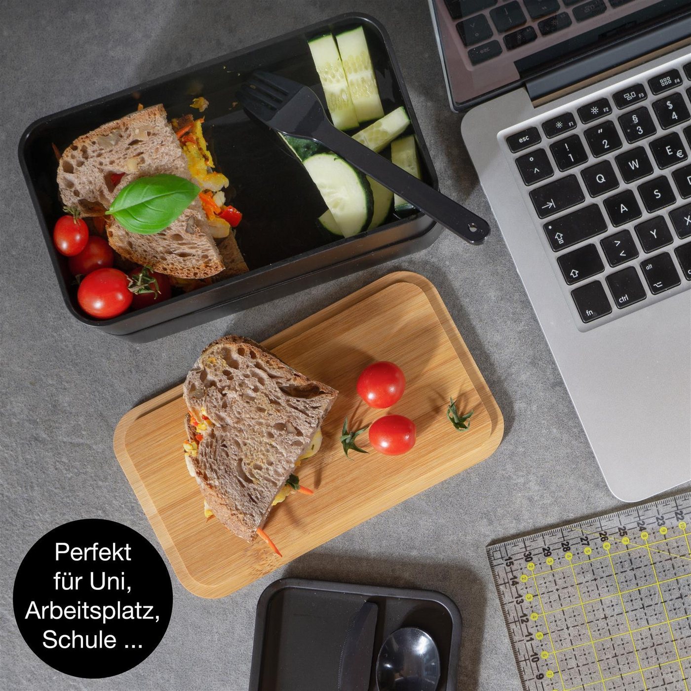 Moritz & Moritz Lunchbox Moritz & Moritz Bento Box Schwarz, Kunststoff, Bambus, Elasthan, (Set), Bento Lunchbox für Erwachsene und Kinder - inkl. Besteck-Set – Bild 5 von 5