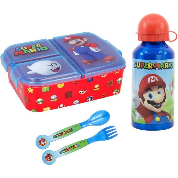 Super Mario Lunchbox Super Mario Luigi Kinder 4 teiliges Set, Kunststoff, (4-tlg), Brotdose - Gabel Löffel Alu-Trinkflasche