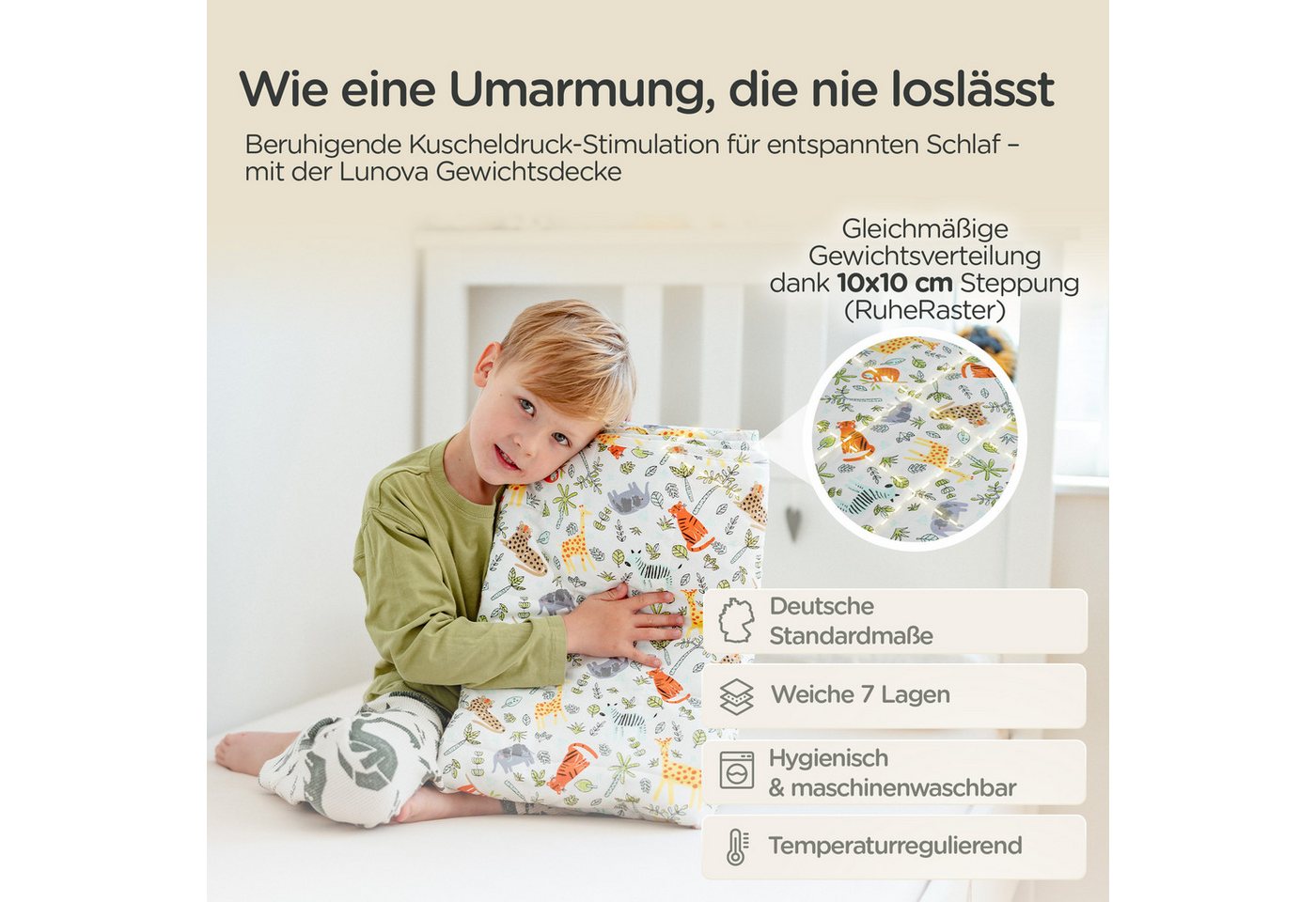 Lunova Gewichtsdecke für Kinder, Füllung: hypoallergene Glasperlen, Therapiedecke, waschbar, OEKO-TEX Baumwolle, 2-4 kg Gewicht – Bild 2 von 5
