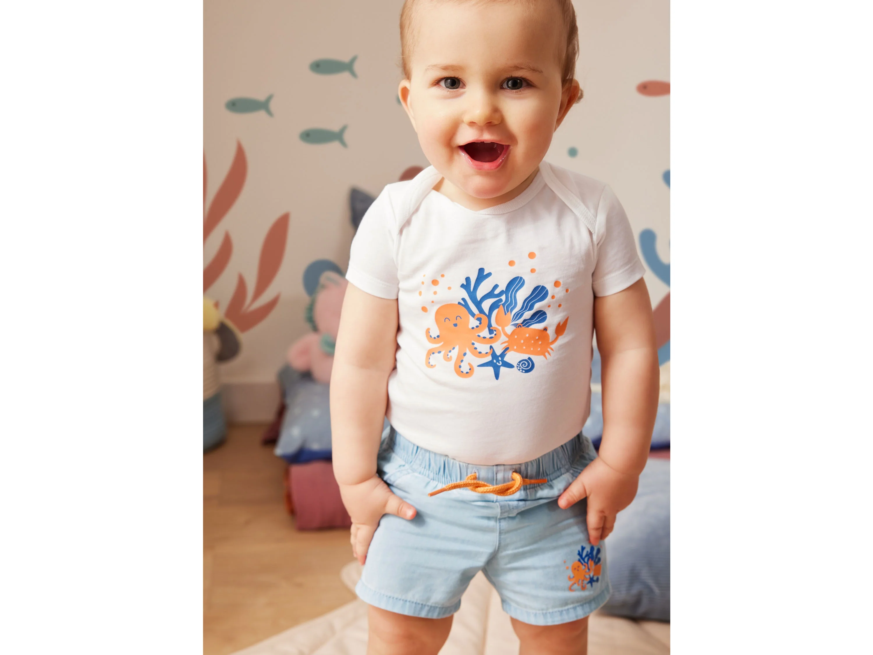 LUPILU® Baby Bodies, 3 Stück, kurzarm (blau/orange/weiß, 50/56) – Bild 4 von 4