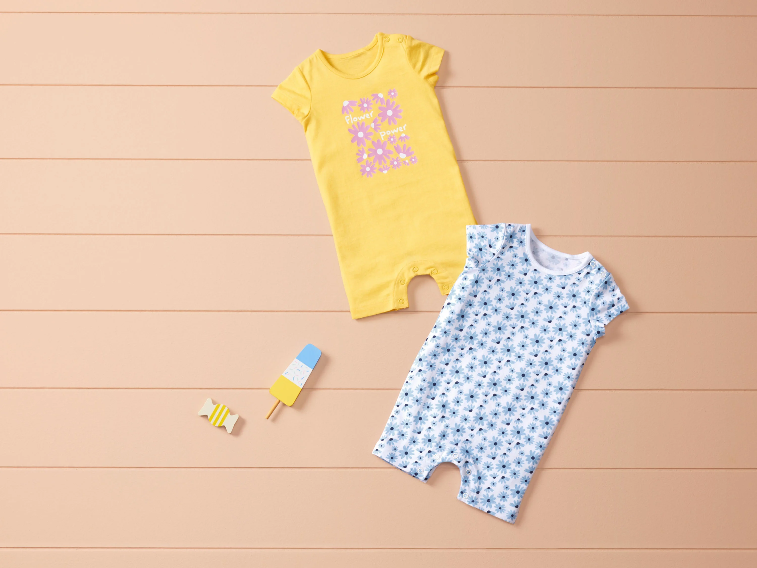 LUPILU® Baby Playsuits, 2 Stück, reine Baumwolle (weiß/blau/gelb, 50/56) – Bild 2 von 4