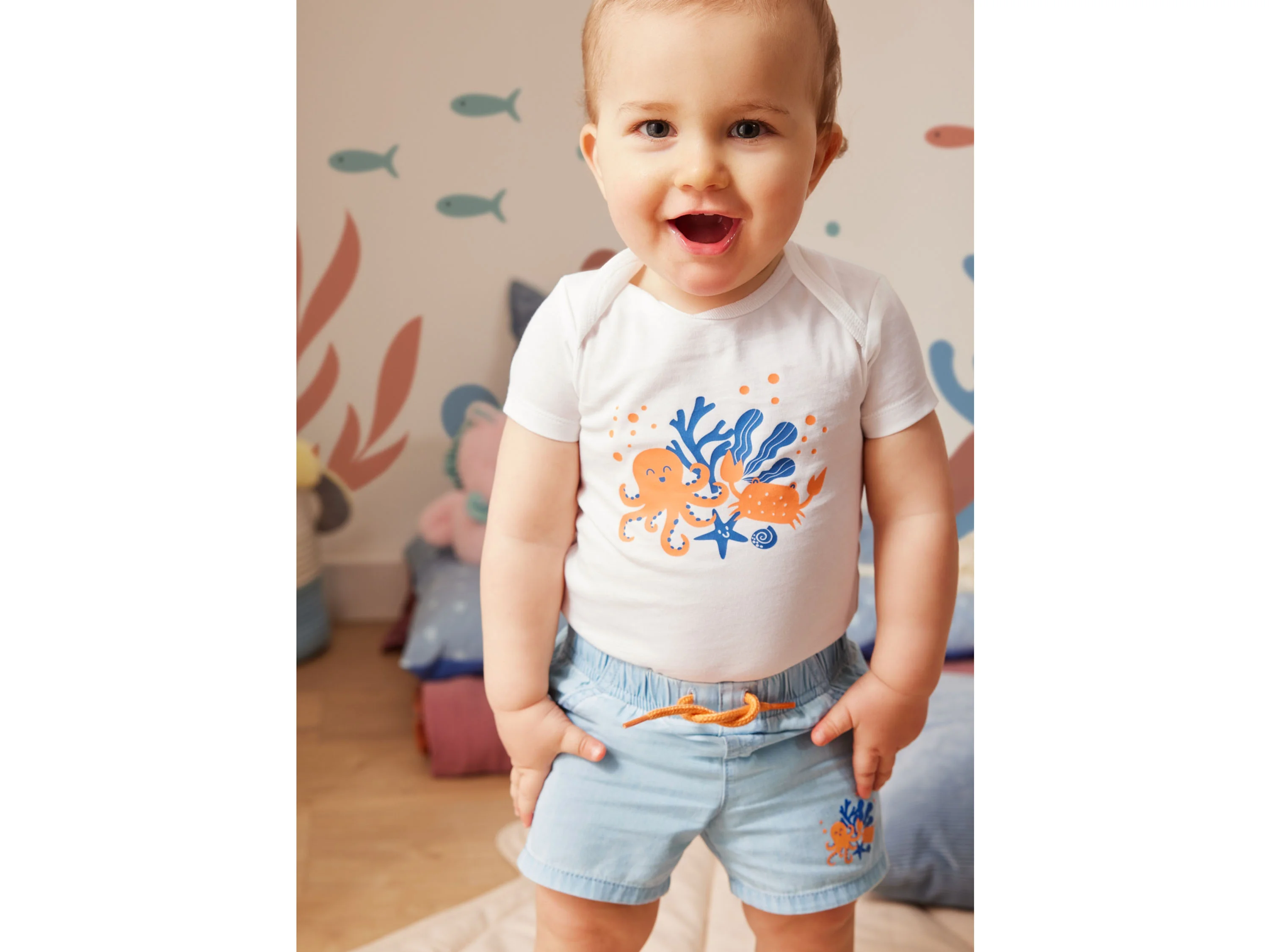 LUPILU® Baby Shorts, 2 Stück, mit Gummizugbund (hellblau/orange, 62/68) – Bild 4 von 4