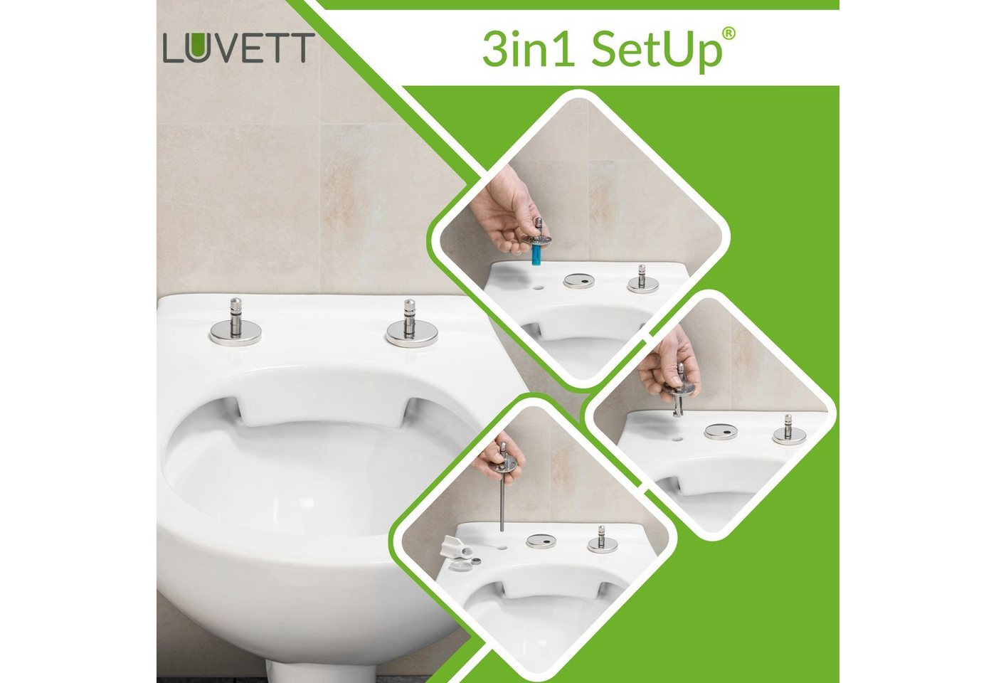 LUVETT WC-Sitz C100 mit Absenkautomatik, Duroplast sanitär, Universelle O-Form (Komplett-Set, Inklusive 3 Befestigungsarten), mit Original SoftClose® Absenkauto – Bild 5 von 5