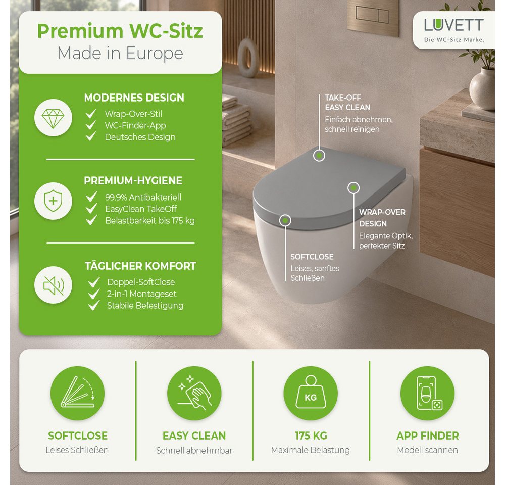 LUVETT WC-Sitz D140 Softclose Absenkautomatik, Duroplast, Geberit Renova Icon, D-Form (2 Montagevarianten von oben), mit Original SoftClose® Absenkautomatik, Du – Bild 5 von 5