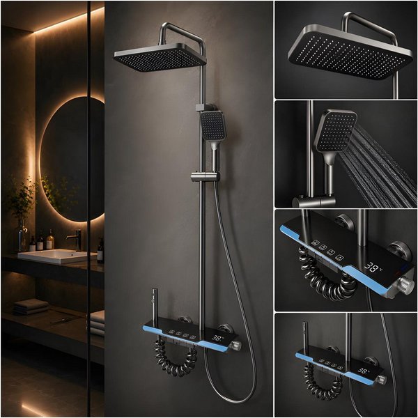 LuxaSteel Duscharmatur Duschsystem Duscharmatur mit LED Display & Regendusche (Duschsystem Komplettset, Komplettset inklusive Regendusche, Handbrause und Montag