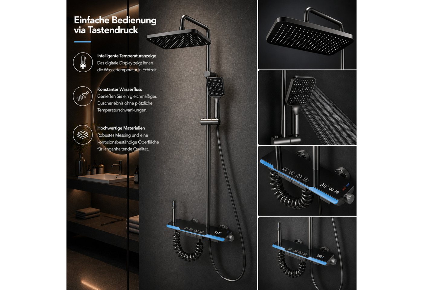 LuxaSteel Duscharmatur Duschsystem Duscharmatur mit LED Display & Regendusche (Duschsystem Komplettset, Komplettset inklusive Regendusche, Handbrause und Montag – Bild 2 von 5
