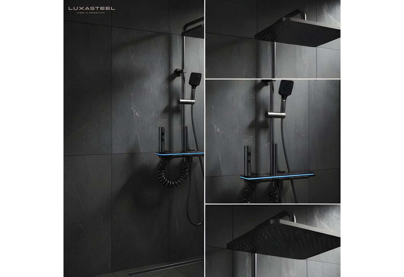 LuxaSteel Duscharmatur Duschsystem mit LED-Beleuchtung & Display (Komplett-Set, Direkt einsatzbereit) Regendusche Komplettset mit LED-Beleuchtung & Display – Bild 2 von 5